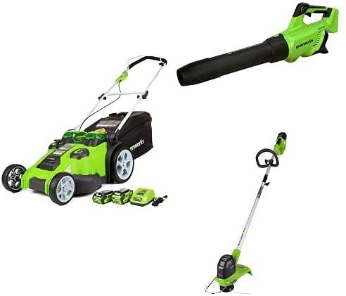 Greenworks 40V 20" Cordless Electric Lawn Mower, Leaf Blower (120 MPH / 500 CFM), String Trimmer, 4.0Ah + 2.0Ah Battery and Charger