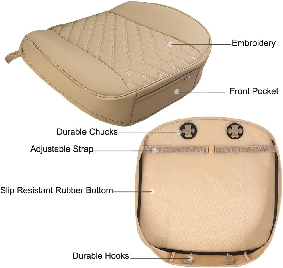 Black Panther PU Car Seat Cover, Front Seat Protector Compatible with 95% Vehicles,Embroidery,Anti-Slip &amp; Full Wrapping Bottom (W 21.26''×D 20.86”)(1Piece,Beige)