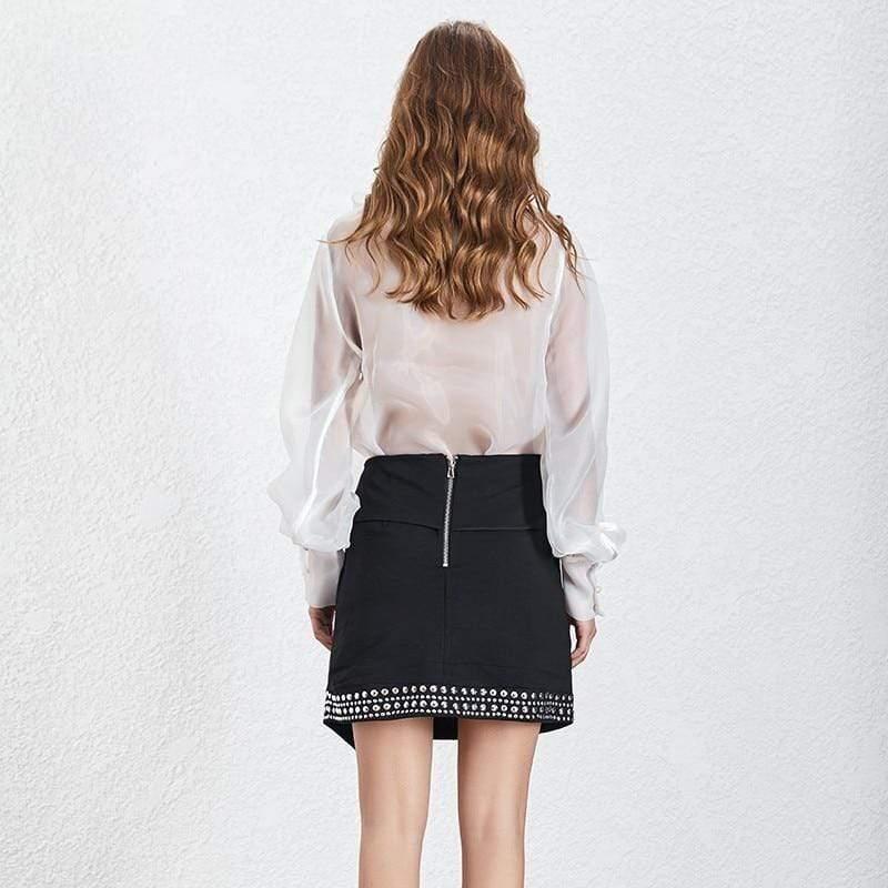 mesh thin lace up bow collar tops