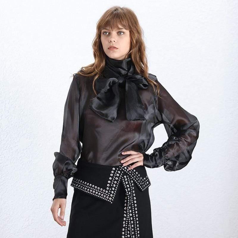 mesh thin lace up bow collar tops