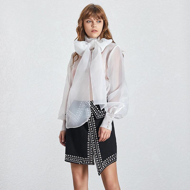 mesh thin lace up bow collar tops