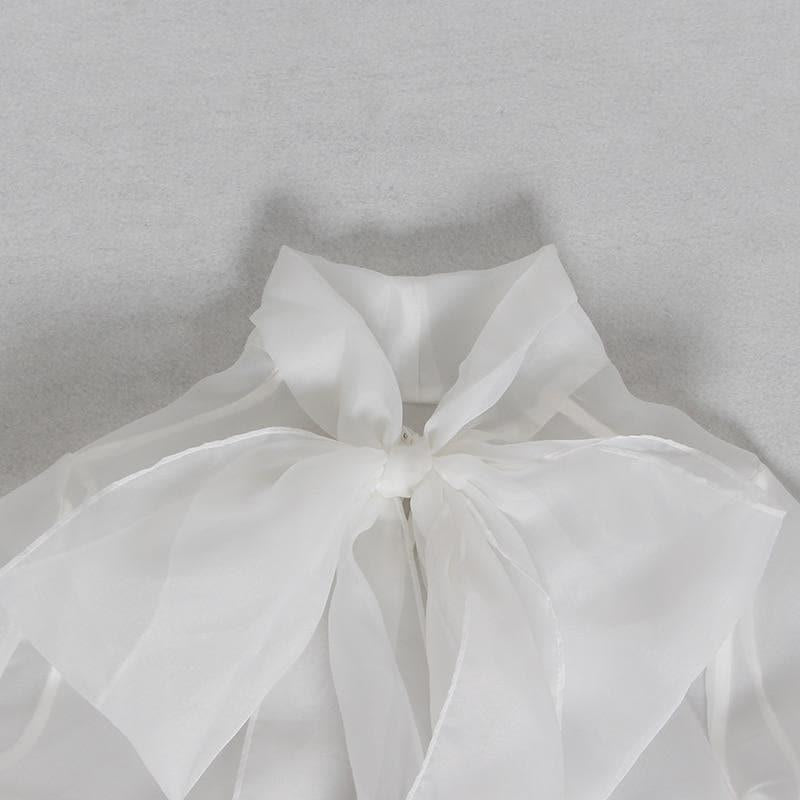 mesh thin lace up bow collar tops