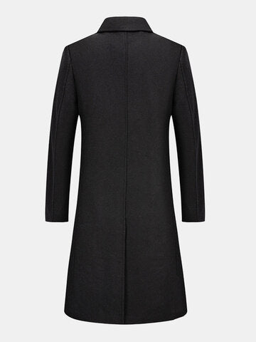 mens pure color lapel single breasted warm casual long woolen overcoats