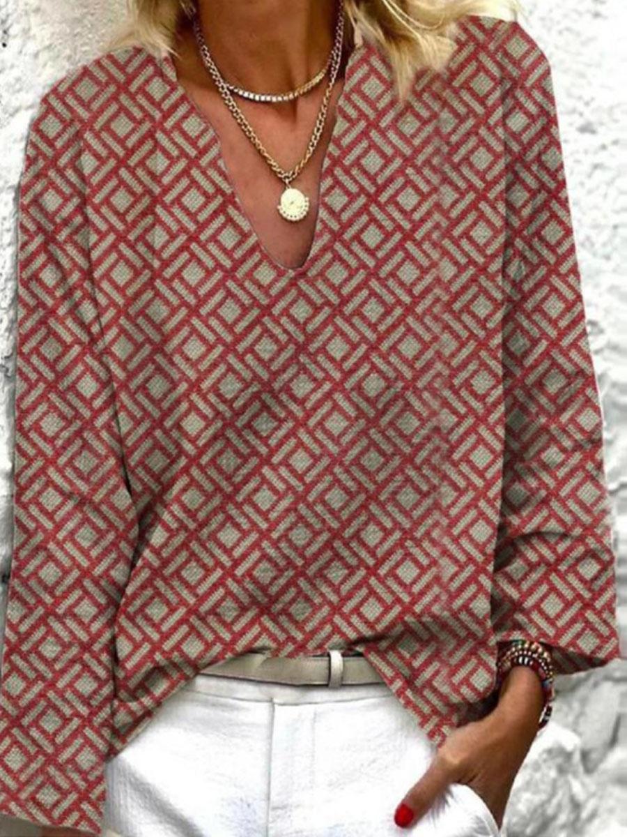 Retro Geometric Check Long-sleeved Blouse