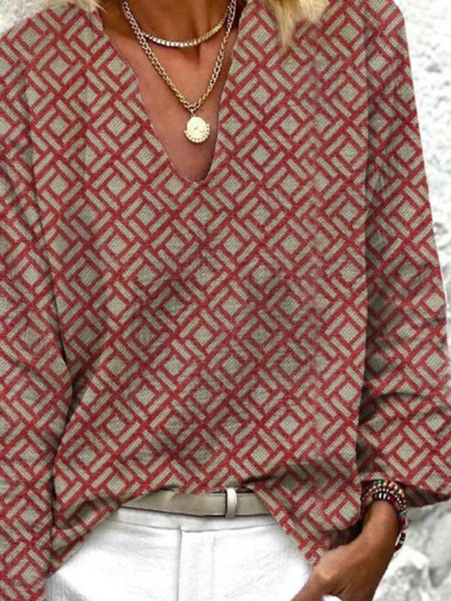 Retro Geometric Check Long-sleeved Blouse
