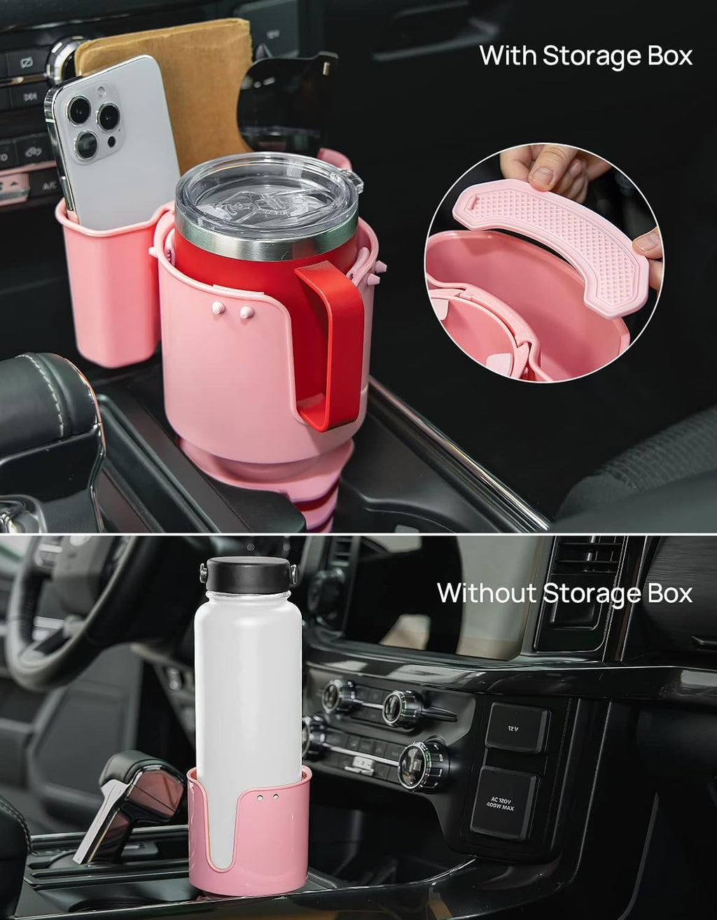 JoyTutus Cup Holder with Storage Box, Cup Holder Expander for Car, Large Car Cup Holder Adapt Most Regular Cup Holder 18-40oz, with Attached Organizer, Pink