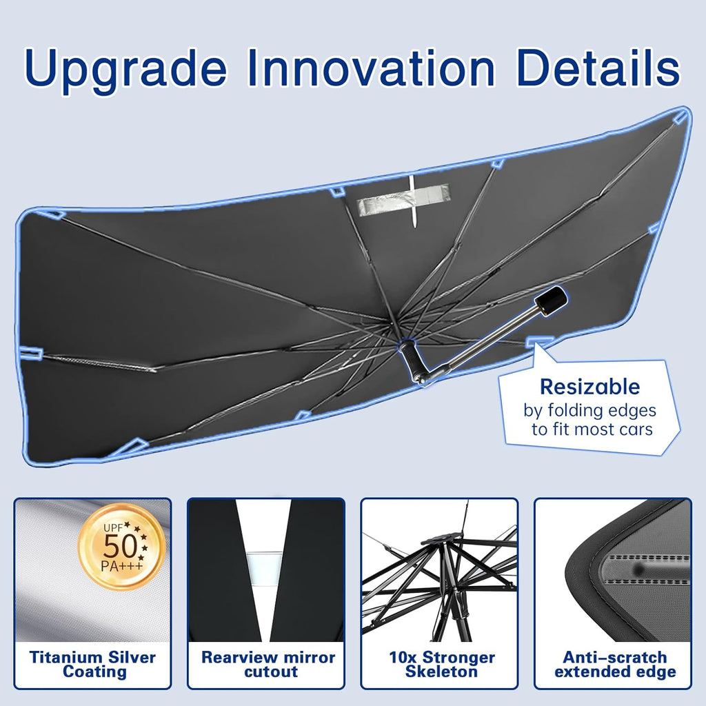 Car Windshield Sun Shade Umbrella, Upgraded Windshield Sunshades with 360° Rotation Bendable Handle, Foldable Automotive Windshield Shades, Full Cover Sun Shade for Most Vehicles