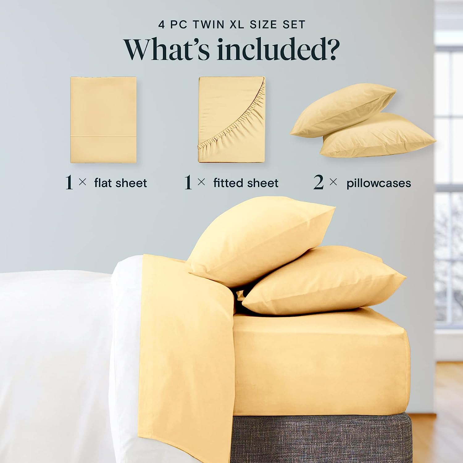 LuxClub Twin XL Sheets Set - Soft Twin Bed Sheets for Boys and Girls, 4 PC Deep Pockets 18" Eco Friendly Wrinkle Free Kids Fitted Sheets Machine Washable Hotel Bedding Silky Soft - Yellow Twin XL