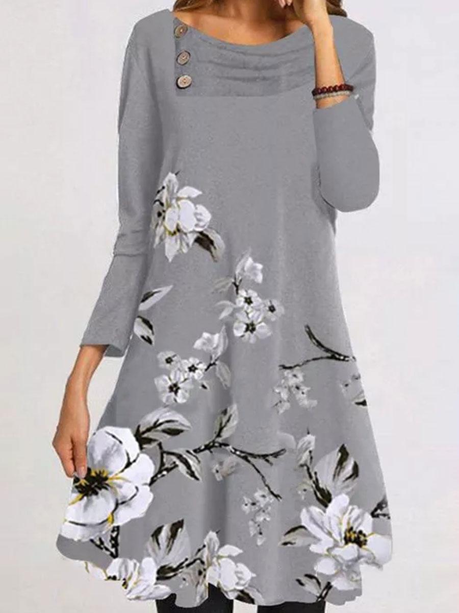 Fashion Flower Print Stack Neck Long Sleeve Casual Shift Dress