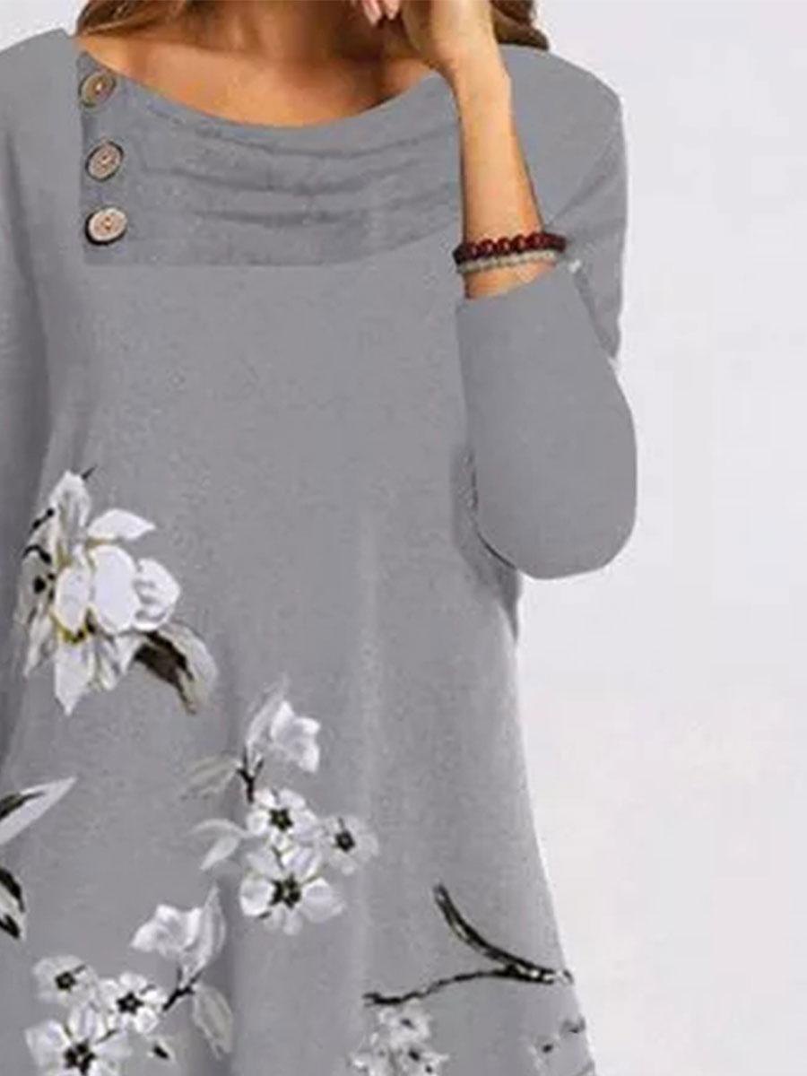Fashion Flower Print Stack Neck Long Sleeve Casual Shift Dress