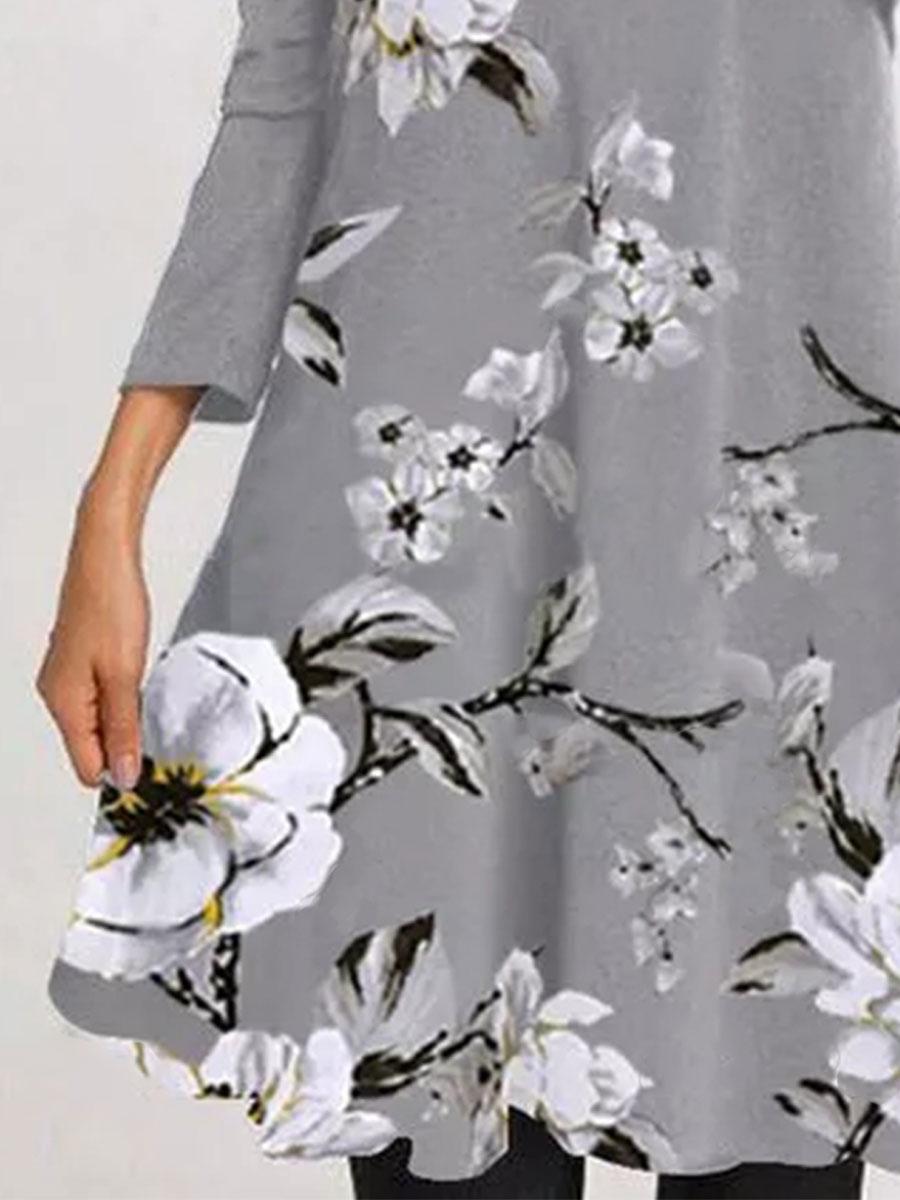 Fashion Flower Print Stack Neck Long Sleeve Casual Shift Dress
