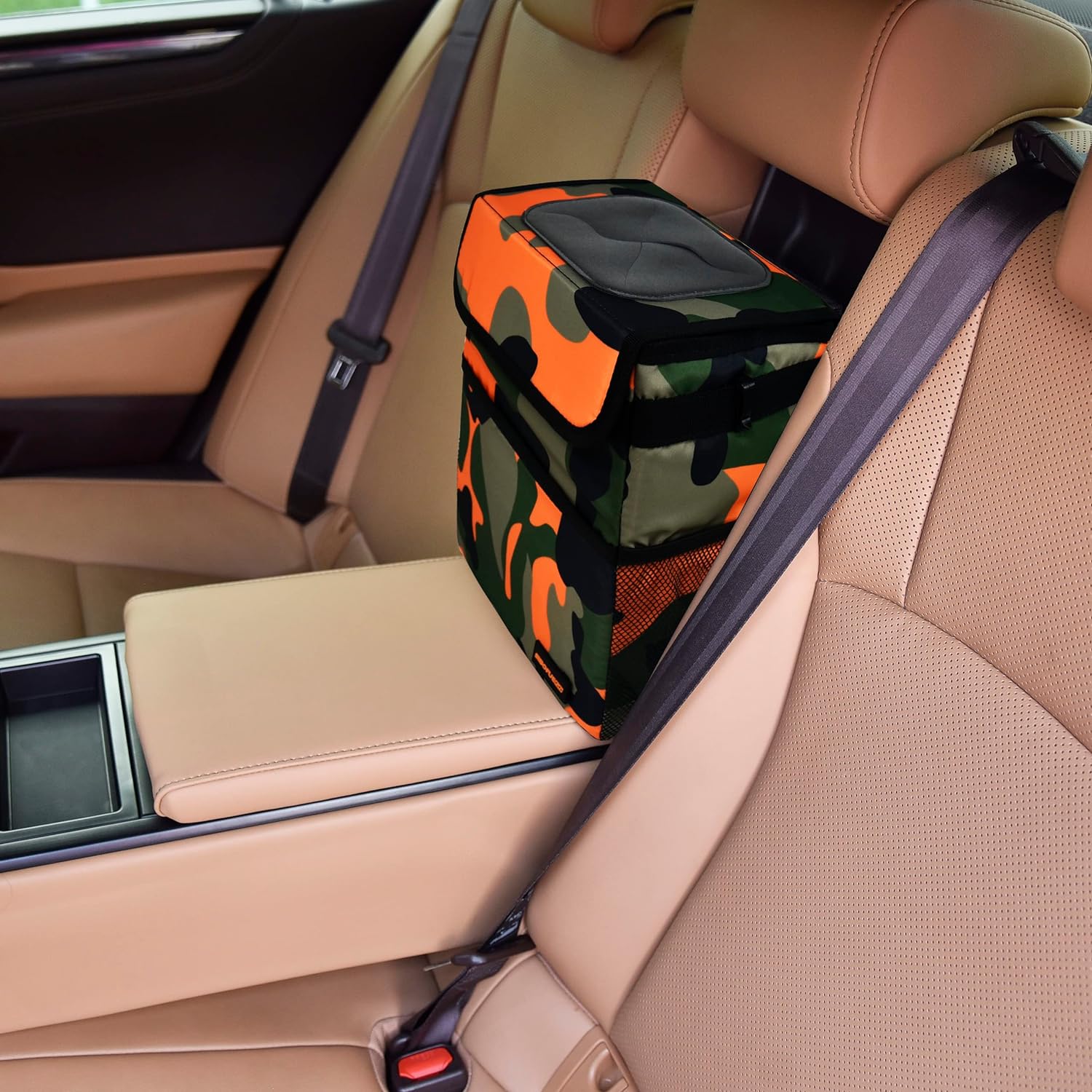 SIBOFUEGO Cute Car Trash Can with Lid - Leak Proof Car Trash Bag Hanging Waterproof Car Garbage Can with Storage Pockets Multipurpose Collapsible Car Organizer (Camo Orange)