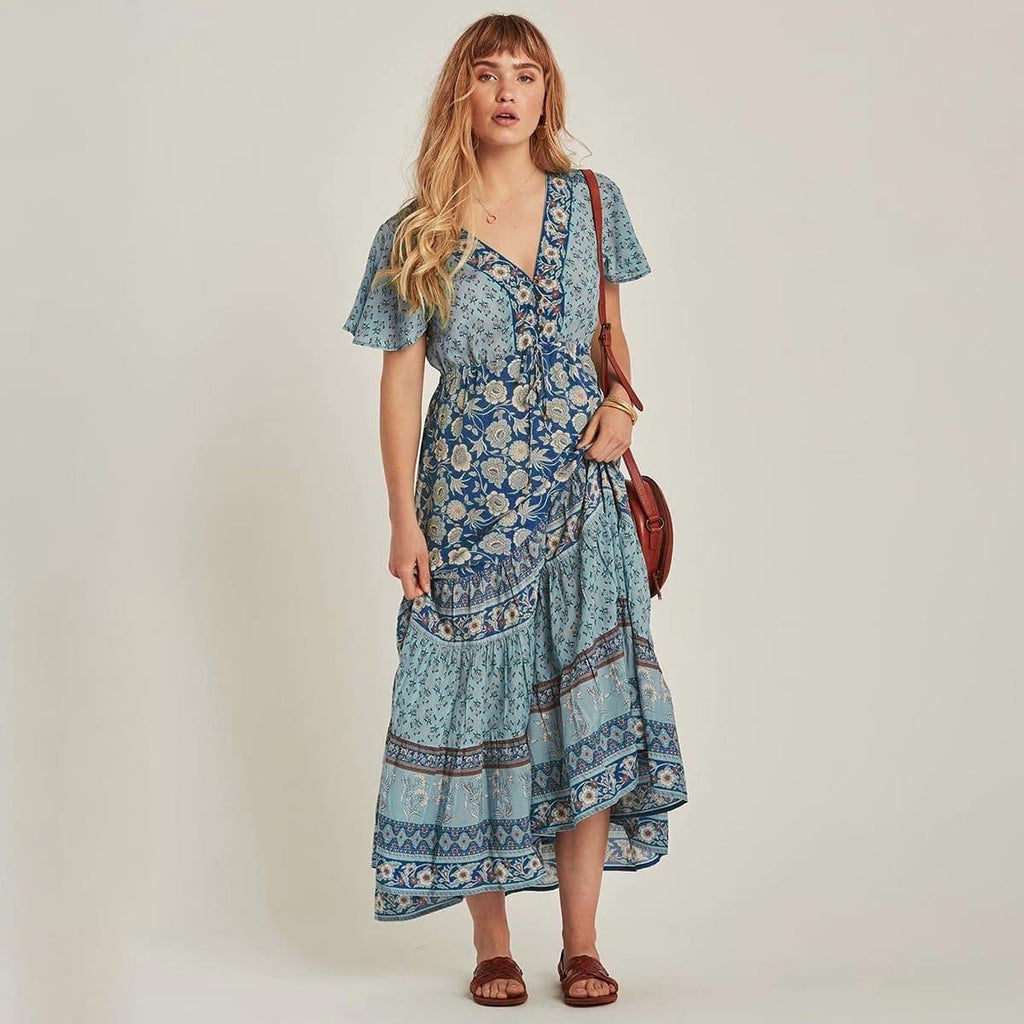 boho floral drawstring midi dress