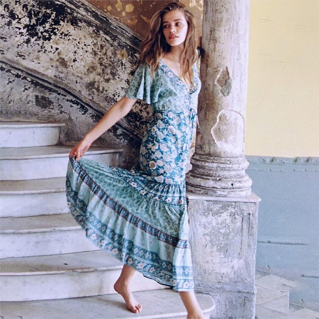 boho floral drawstring midi dress