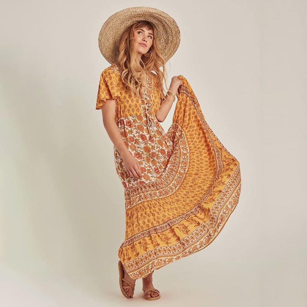 boho floral drawstring midi dress