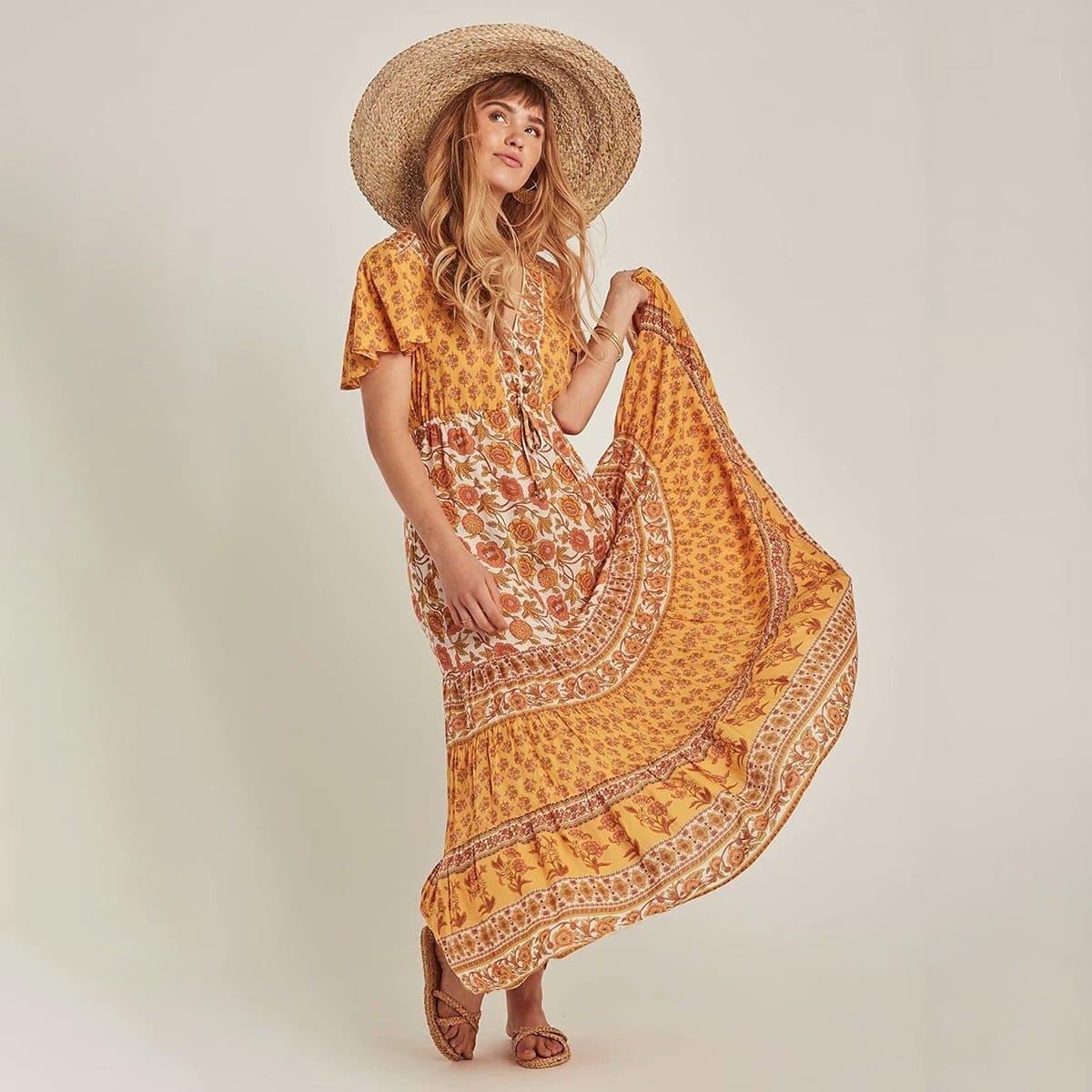 boho floral drawstring midi dress