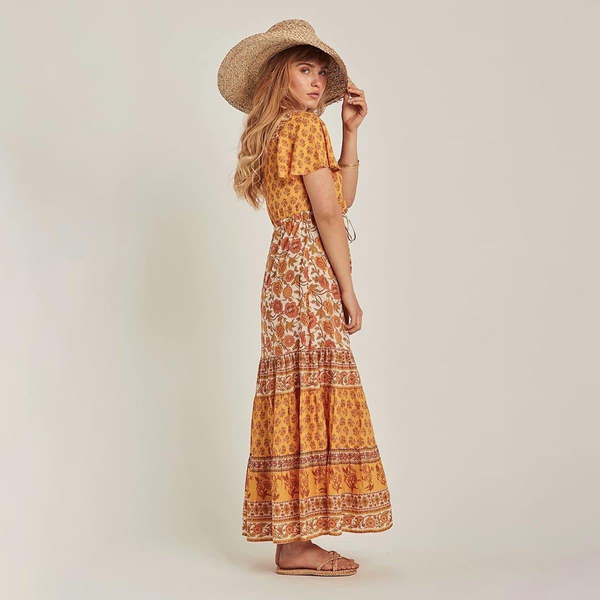 boho floral drawstring midi dress