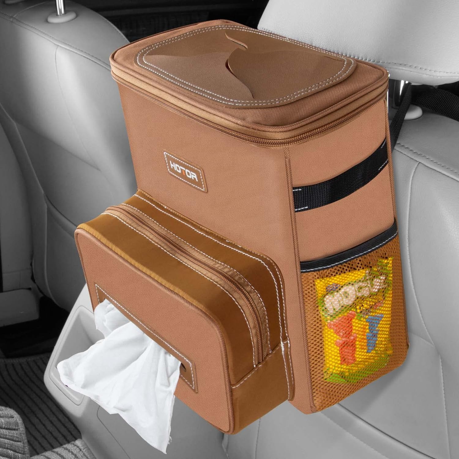 HOTOR Car Trash Can 2.5 Gallon - Handy Car Tissue Holder, Easy-to-Install Car Accessory Interior, Leak-Proof Car Organizer and Storage Bag for The Back/Front/Console of Any Cars, SUVs &amp; Trucks, Brown