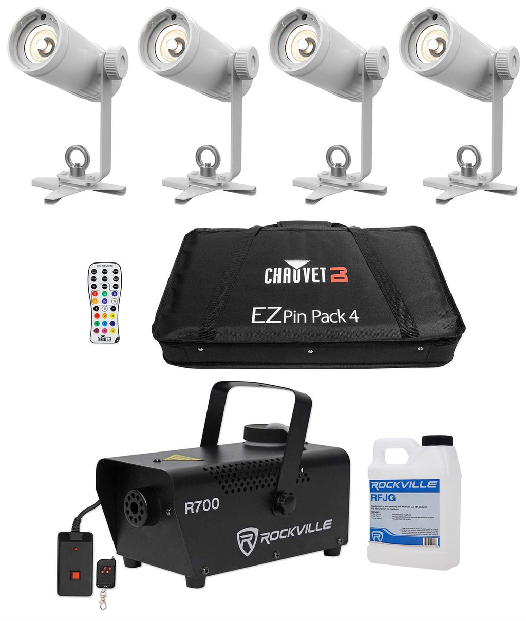 Chauvet DJ Ezpin Pack 4 EZpin Pin Spot Light Fixtures+IRC-6 Remote+Case+Fogger
