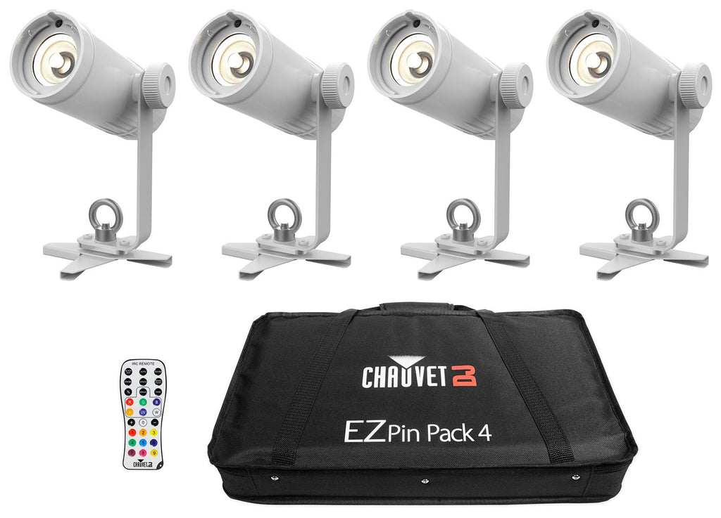 Chauvet DJ Ezpin Pack 4 EZpin Pin Spot Light Fixtures+IRC-6 Remote+Case+Fogger