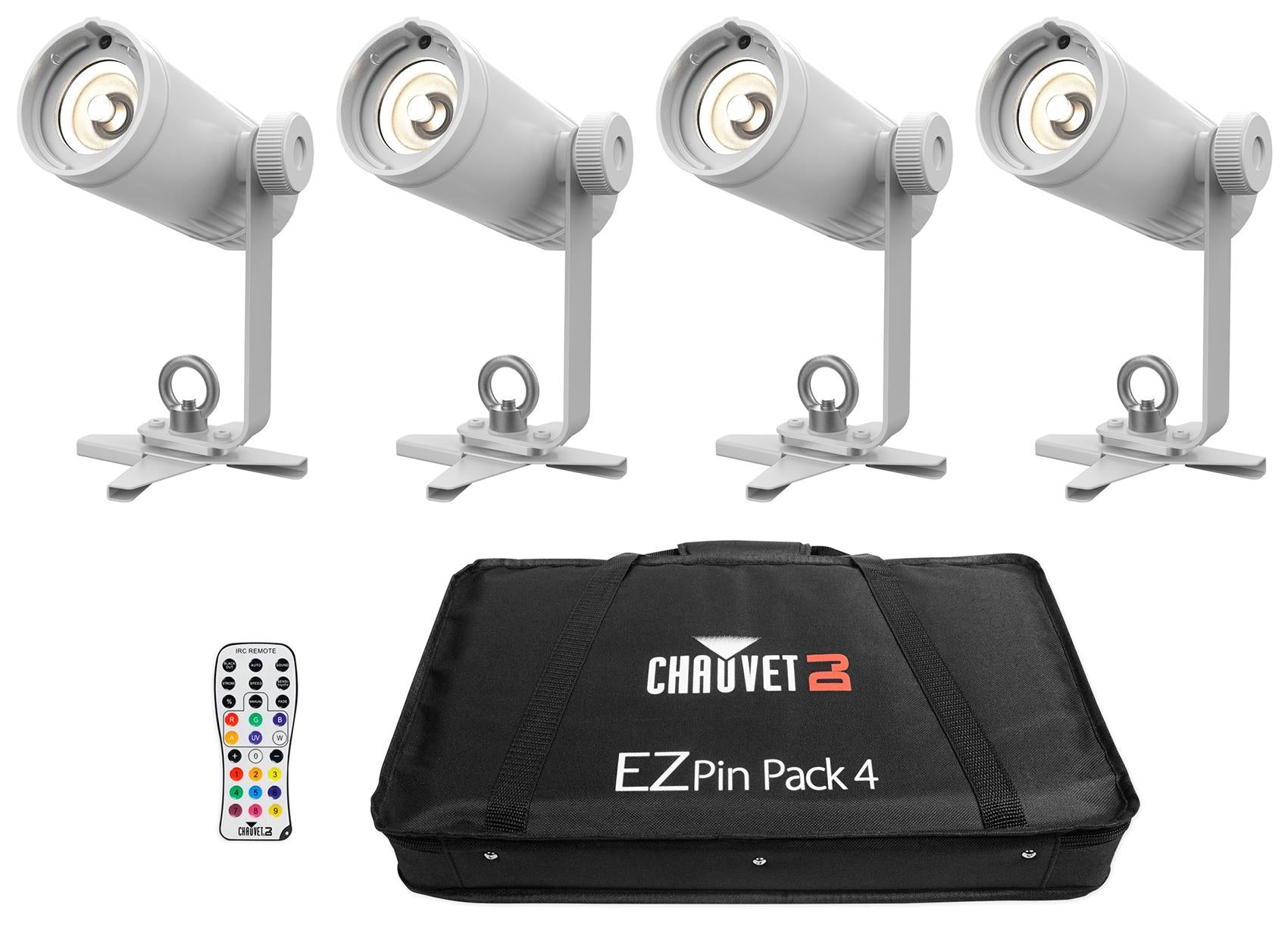 Chauvet DJ Ezpin Pack 4 EZpin Pin Spot Light Fixtures+IRC-6 Remote+Case+Fogger