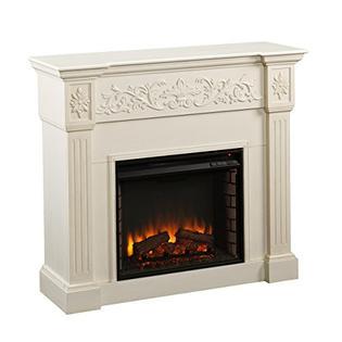 Southern Enterprises Calvert Carved Electric Fireplace Ivory Finish with Brushed Texture