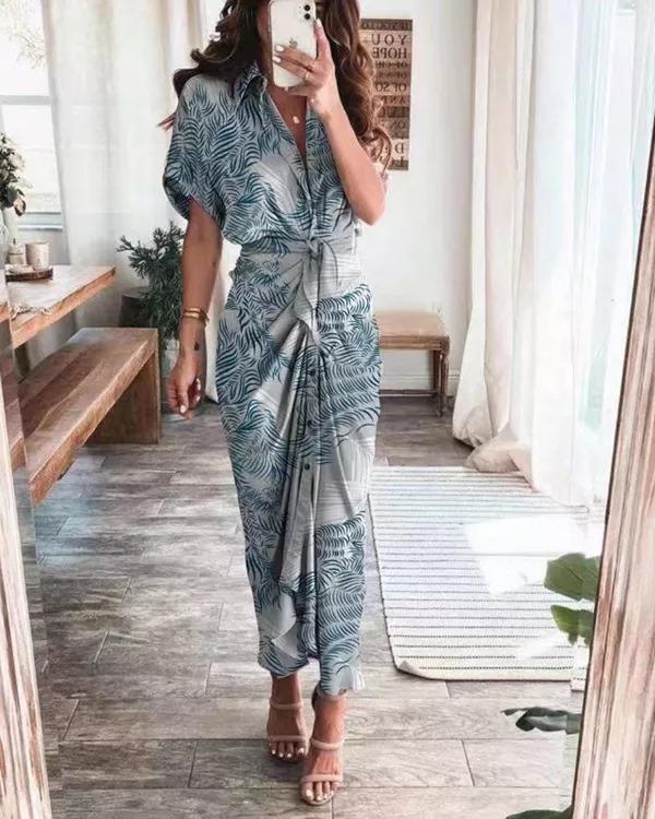 Ladies Elegant Slim Leaf Print High Waist Dress