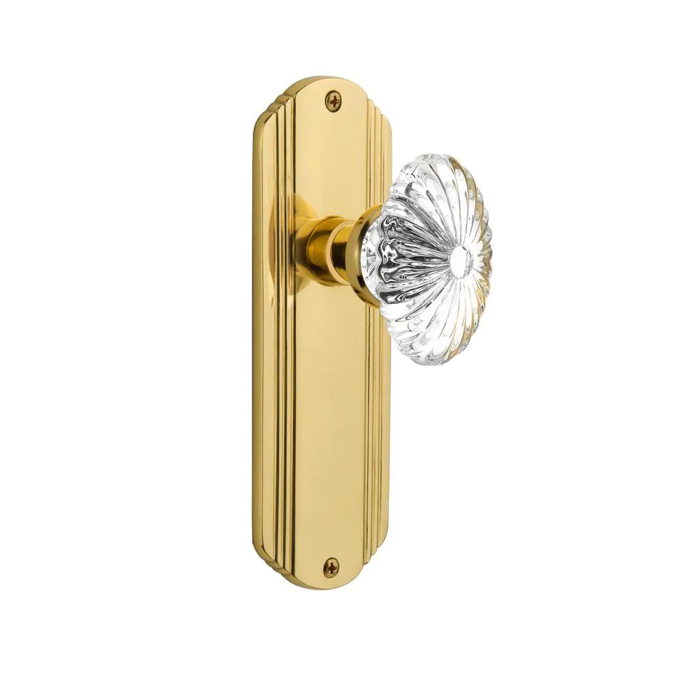 Deco Plate 2-3/8 in. Backset Unlacquered Brass PassaHall/Closet Oval Fluted Crystal Glass Door Knob