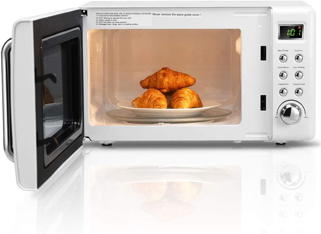 Retro Microwave Oven,Safeplus 0.7Cu.ft, Countertop 700W Microwaves with Cold Rolled Steel Plate 5 Micro Power Defrost & Auto CooFunction LED Display Glass Turntable and Viewing Window Child Lock