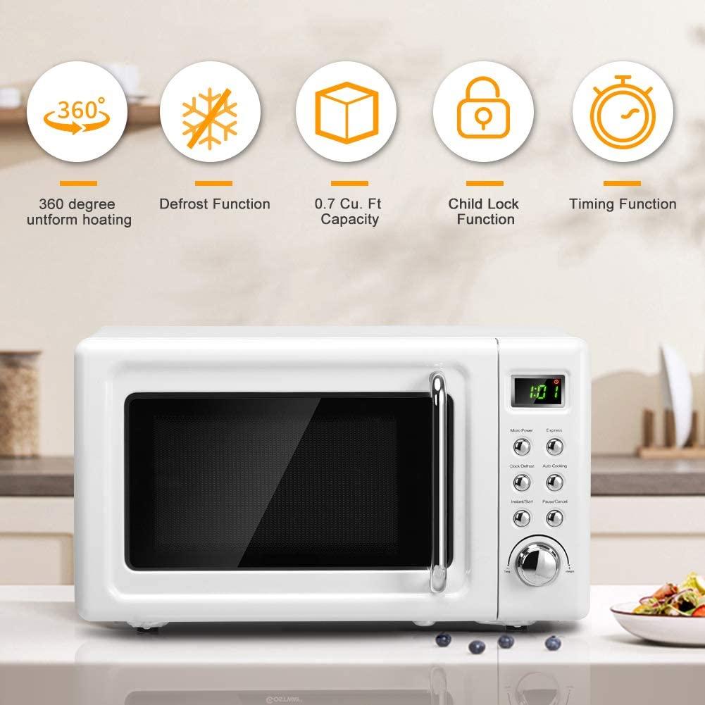 Retro Microwave Oven,Safeplus 0.7Cu.ft, Countertop 700W Microwaves with Cold Rolled Steel Plate 5 Micro Power Defrost & Auto CooFunction LED Display Glass Turntable and Viewing Window Child Lock