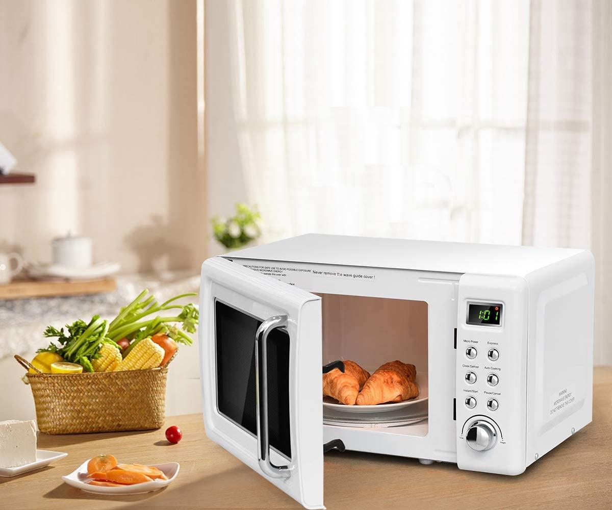 Retro Microwave Oven,Safeplus 0.7Cu.ft, Countertop 700W Microwaves with Cold Rolled Steel Plate 5 Micro Power Defrost & Auto CooFunction LED Display Glass Turntable and Viewing Window Child Lock
