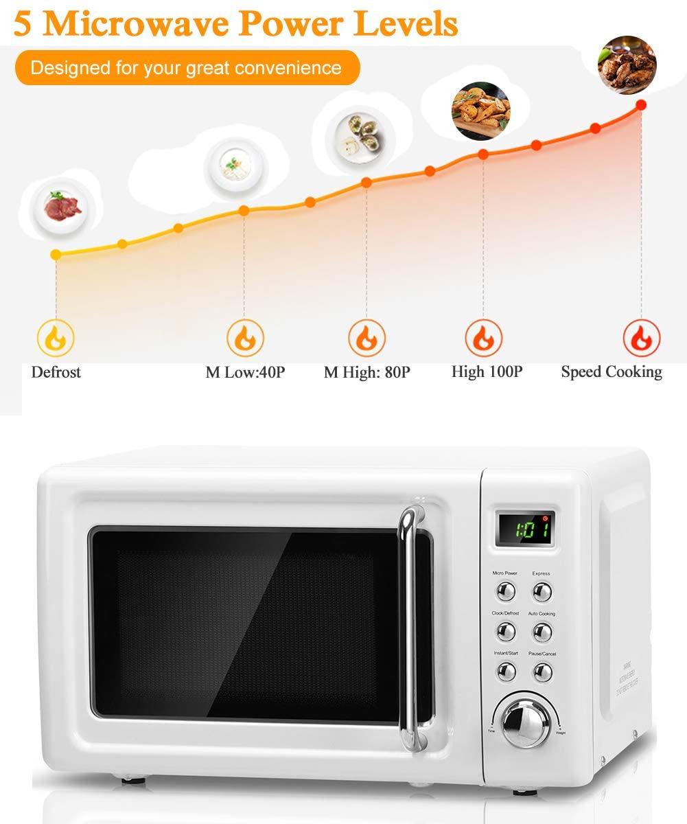Retro Microwave Oven,Safeplus 0.7Cu.ft, Countertop 700W Microwaves with Cold Rolled Steel Plate 5 Micro Power Defrost & Auto CooFunction LED Display Glass Turntable and Viewing Window Child Lock