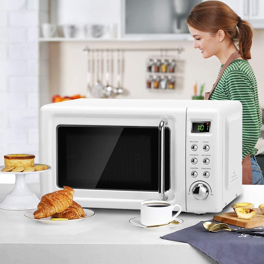 Retro Microwave Oven,Safeplus 0.7Cu.ft, Countertop 700W Microwaves with Cold Rolled Steel Plate 5 Micro Power Defrost & Auto CooFunction LED Display Glass Turntable and Viewing Window Child Lock