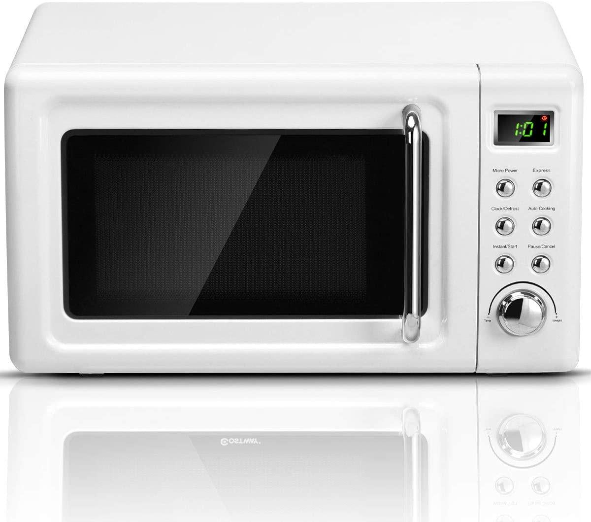 Retro Microwave Oven,Safeplus 0.7Cu.ft, Countertop 700W Microwaves with Cold Rolled Steel Plate 5 Micro Power Defrost & Auto CooFunction LED Display Glass Turntable and Viewing Window Child Lock