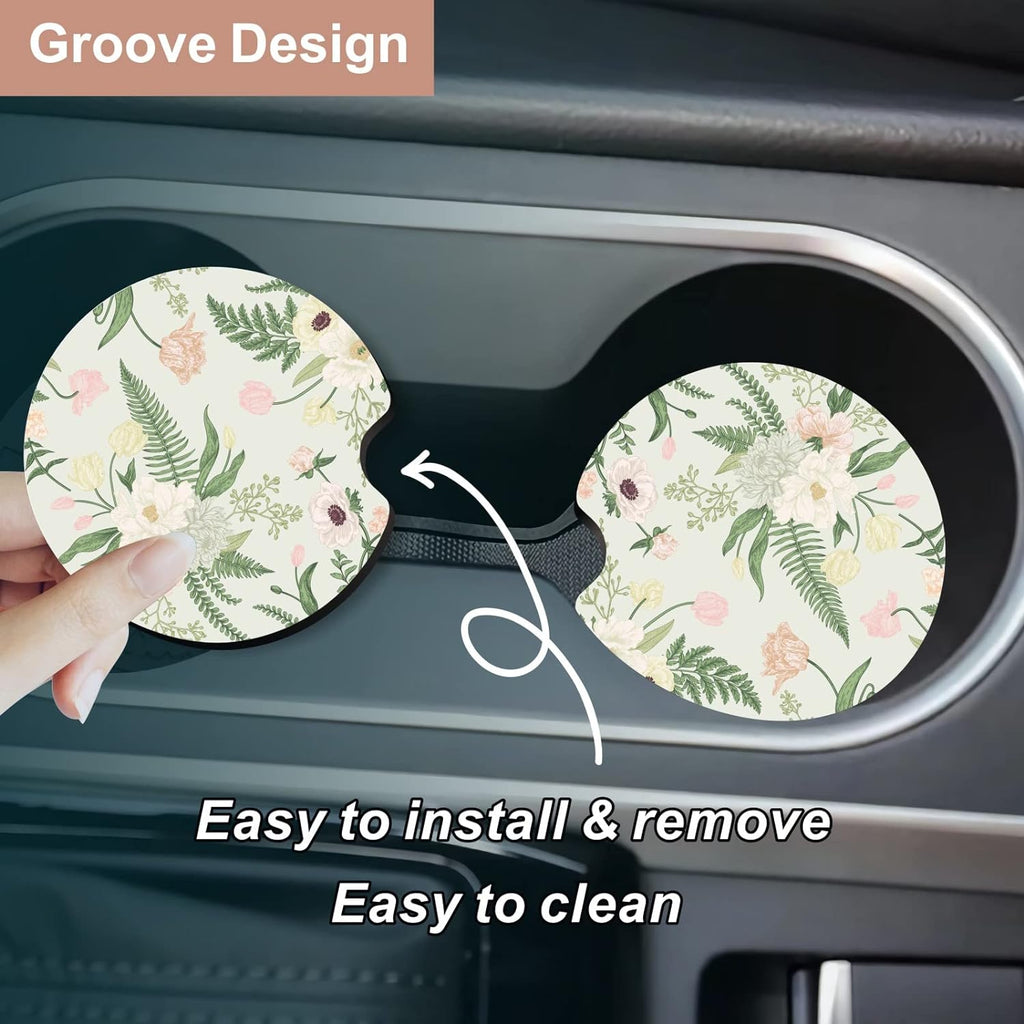 Oppsviust Car Cup Holder Coaster, Car Coasters for Cup Holders, 2PCS Universal Anti Slip Car Assecories, 2.75 inch Cute Car Coasters with A Finger Notch, Rubber Car Cup Mat for Women Wen(White Peony)