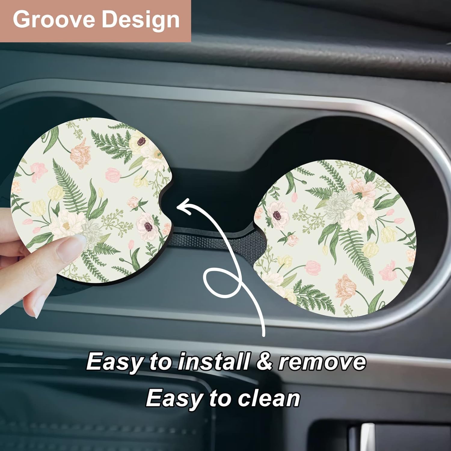 Oppsviust Car Cup Holder Coaster, Car Coasters for Cup Holders, 2PCS Universal Anti Slip Car Assecories, 2.75 inch Cute Car Coasters with A Finger Notch, Rubber Car Cup Mat for Women Wen(White Peony)