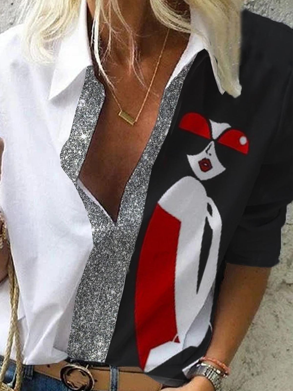 Sequin Art Print V-neck Blouse Women