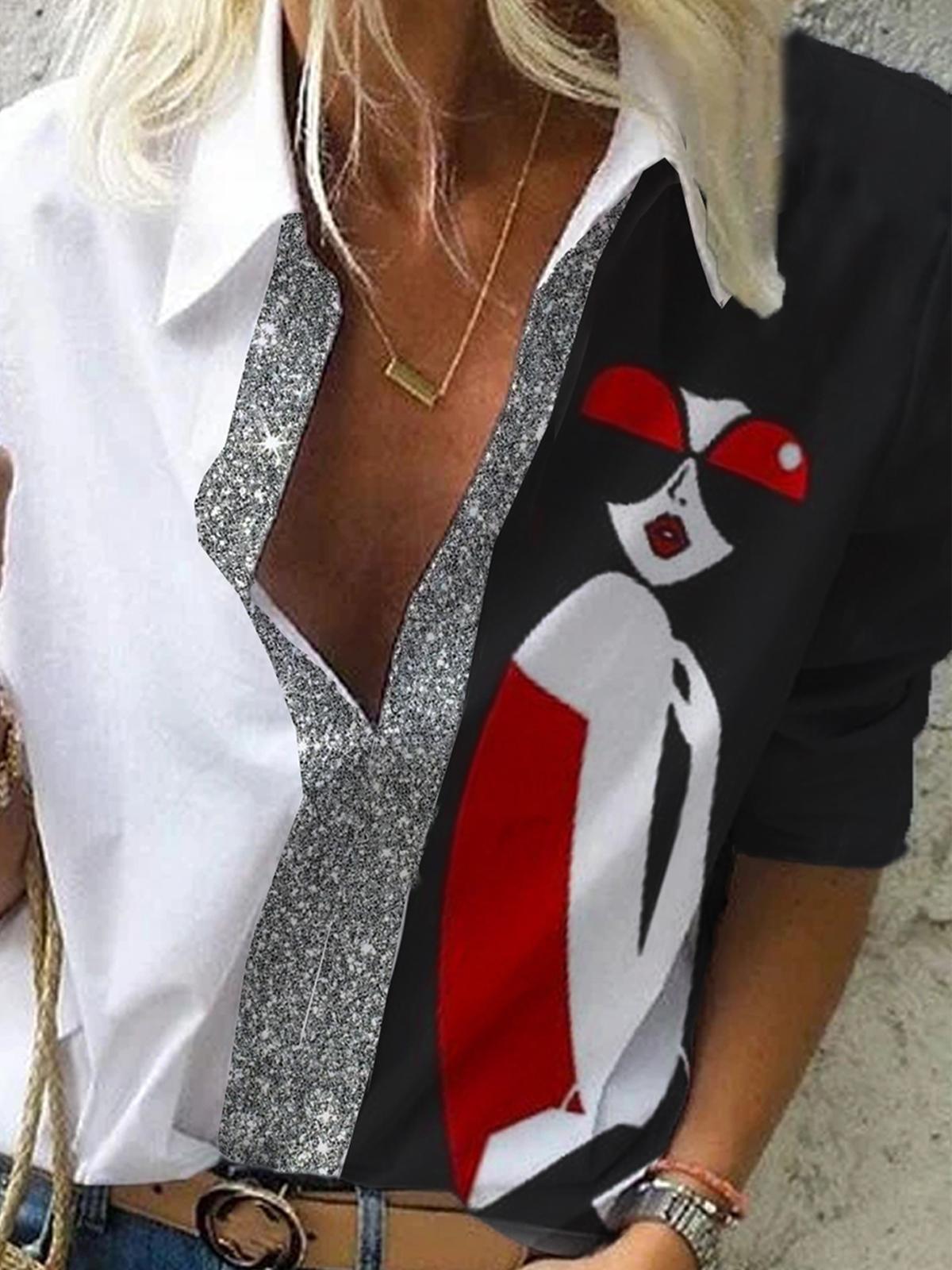 Sequin Art Print V-neck Blouse Women
