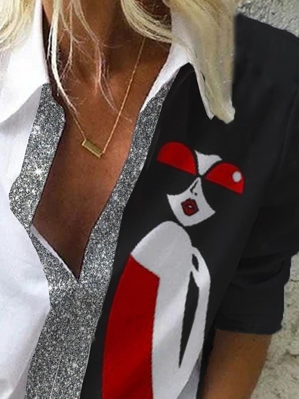 Sequin Art Print V-neck Blouse Women
