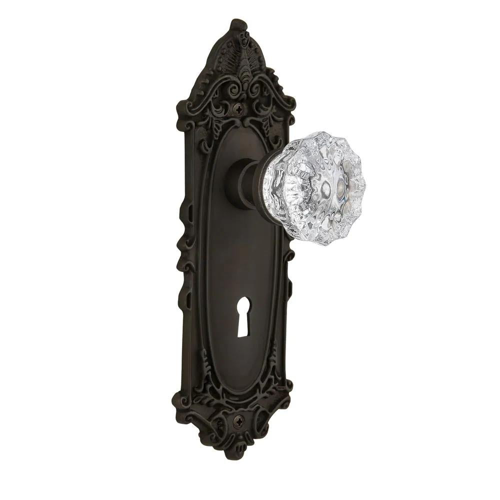 Victorian Plate with Keyhole 2-3/8 in. Backset Oil-Rubbed Bronze Privacy Bed/Bath Crystal Glass Door Knob