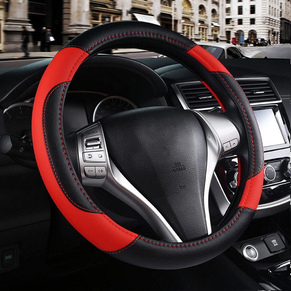Leather Car Steering Wheel Cover, Non-Slip Car Wheel Cover Protector Breathable Microfiber Leather Universal Fit for Most Cars (Black &amp; Red)