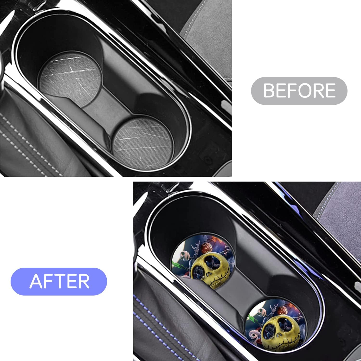 Nightmare Before Christmas Jack Skellington 2-Piece 2.75" Car Cup Holder Coasters, Cool Funny Fun Cartoon Silicone Skull Car Interior Coasters 2PCS Car Coasters for Cup Holders by FLYEEGO
