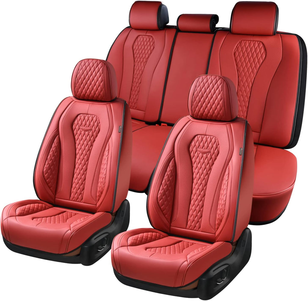 Coverado Leather Seat Covers Full Set, 5 Seats Universal Waterproof Luxury Leatherette Cushions for Cars, Front and Rear Seat Protectors, Auto Seat Covers Fit for Most Vehicles Red