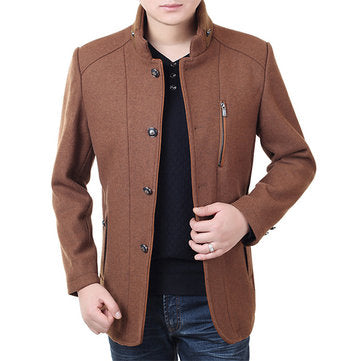 casual thick stand collar patchwork single breasted woolen coat for men