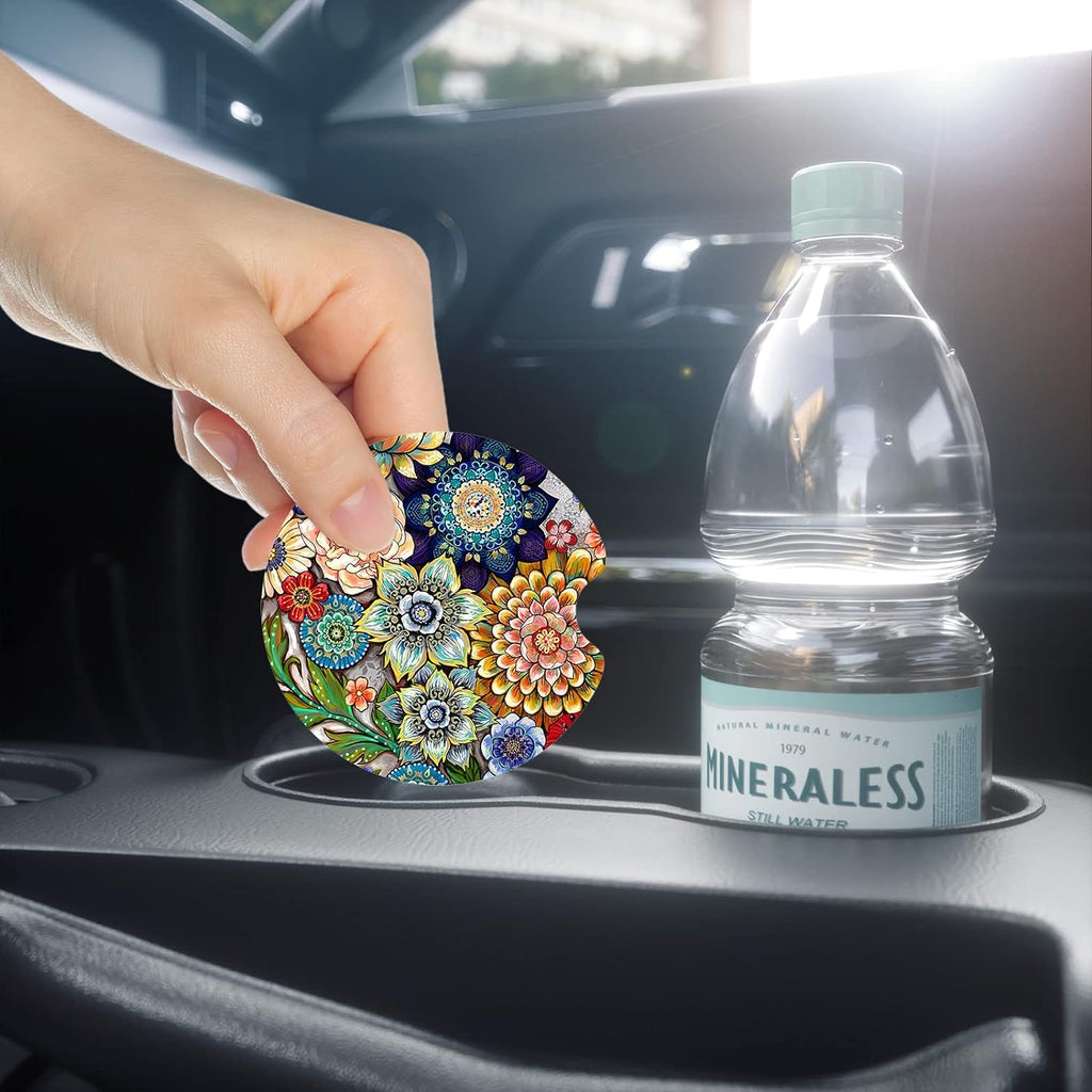 Nipichsha Car Cup Holder Coasters, Car Coasters for Cup Holders, 2 Pack Universal Anti Slip Insert Coaster, Rubber Car Cup Mat with A Finger Notch, Cute Car Interior Accessories for Women Men(Mandala)