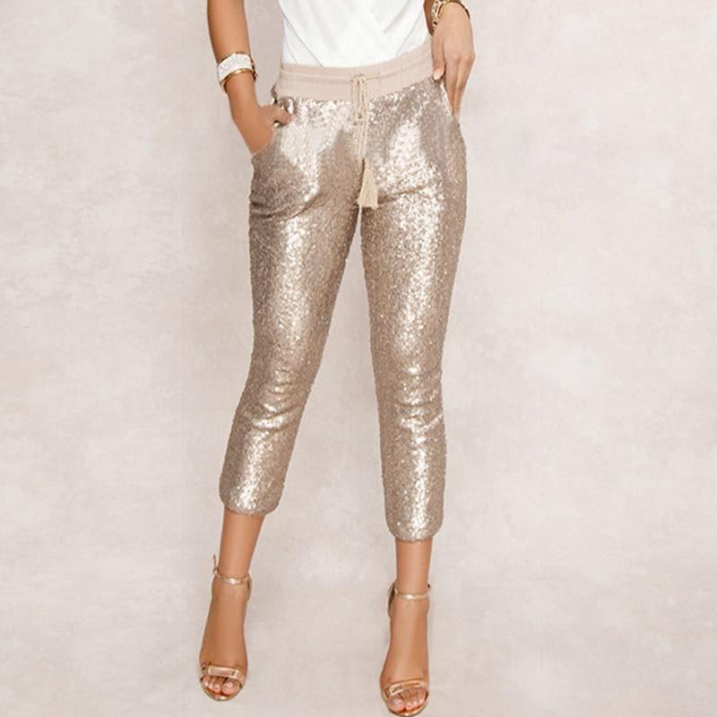 drawstring sequin calf-length pants