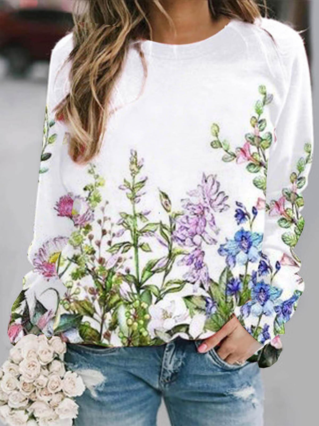 Casual Floral Print Crew Neck Long Sleeve Sweatshirt