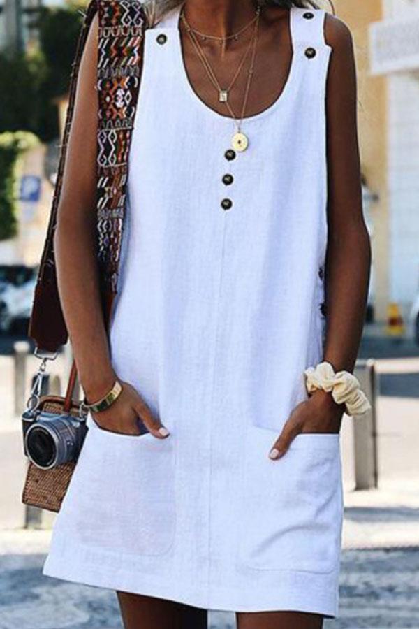 Round Neck  Plain  Sleeveless Casual Shift Dresses