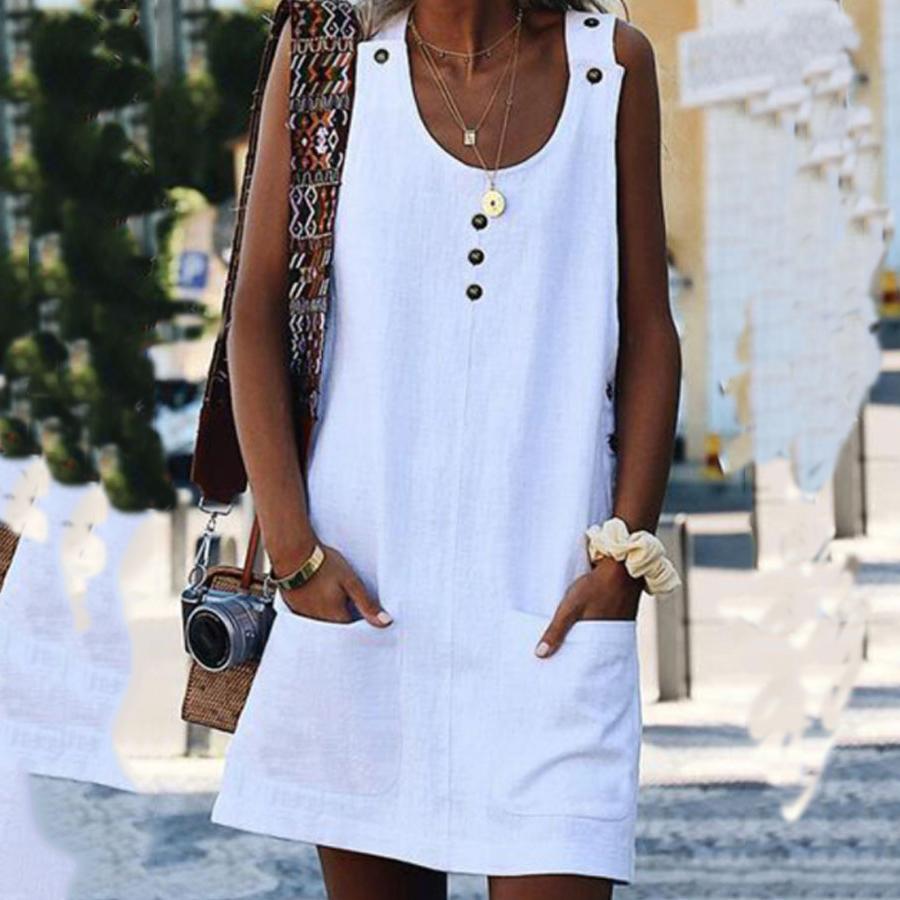 Round Neck  Plain  Sleeveless Casual Shift Dresses