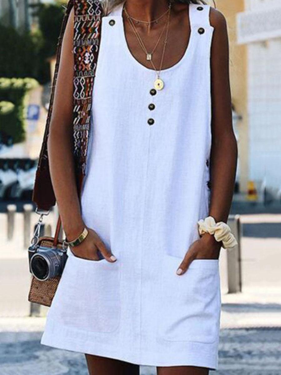 Round Neck  Plain  Sleeveless Casual Shift Dresses